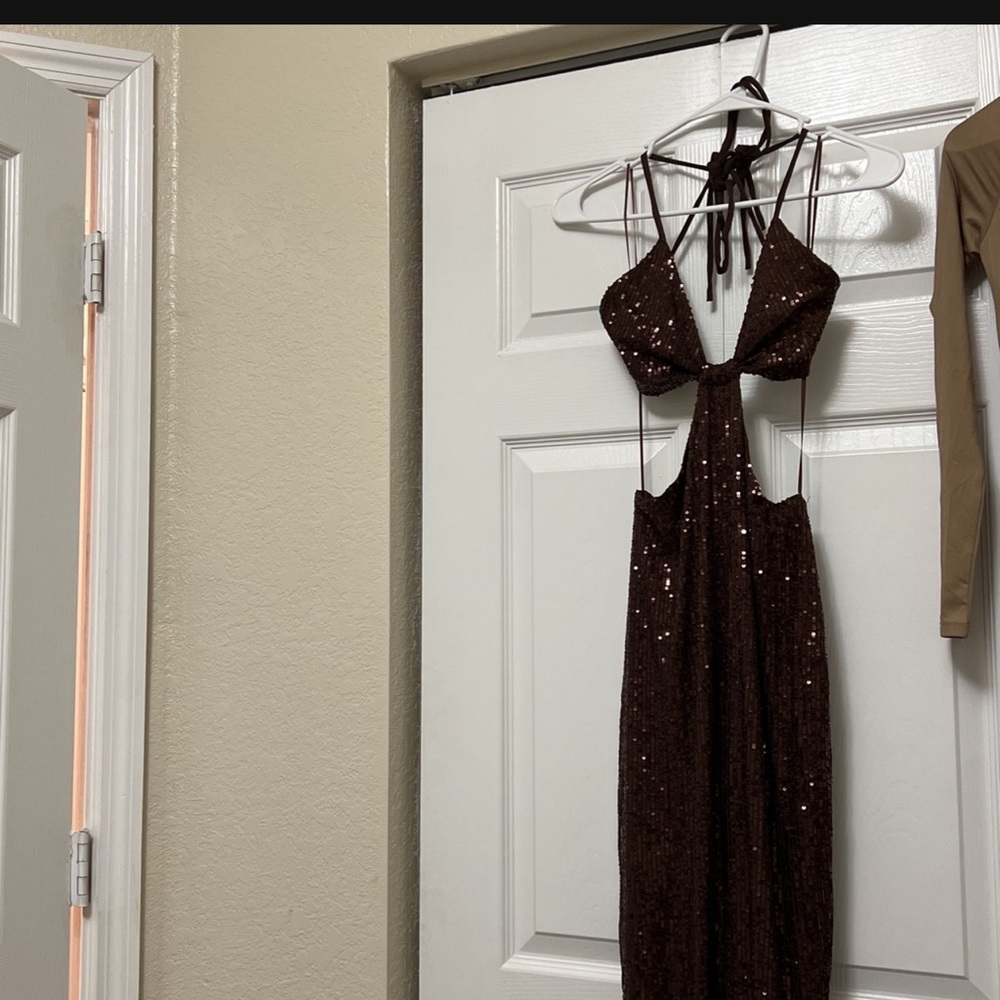 Brown sequence romper with bra top